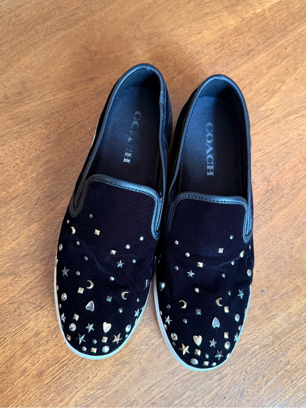 Coach Black Velvet Slip-On Clogs with Gold Metallic Studs